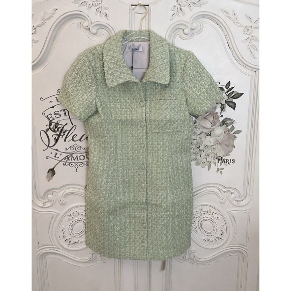 Rumored Notting Hill Mini Dress Green Short Sleeves Button Front 8 NWT - Picture 6 of 13